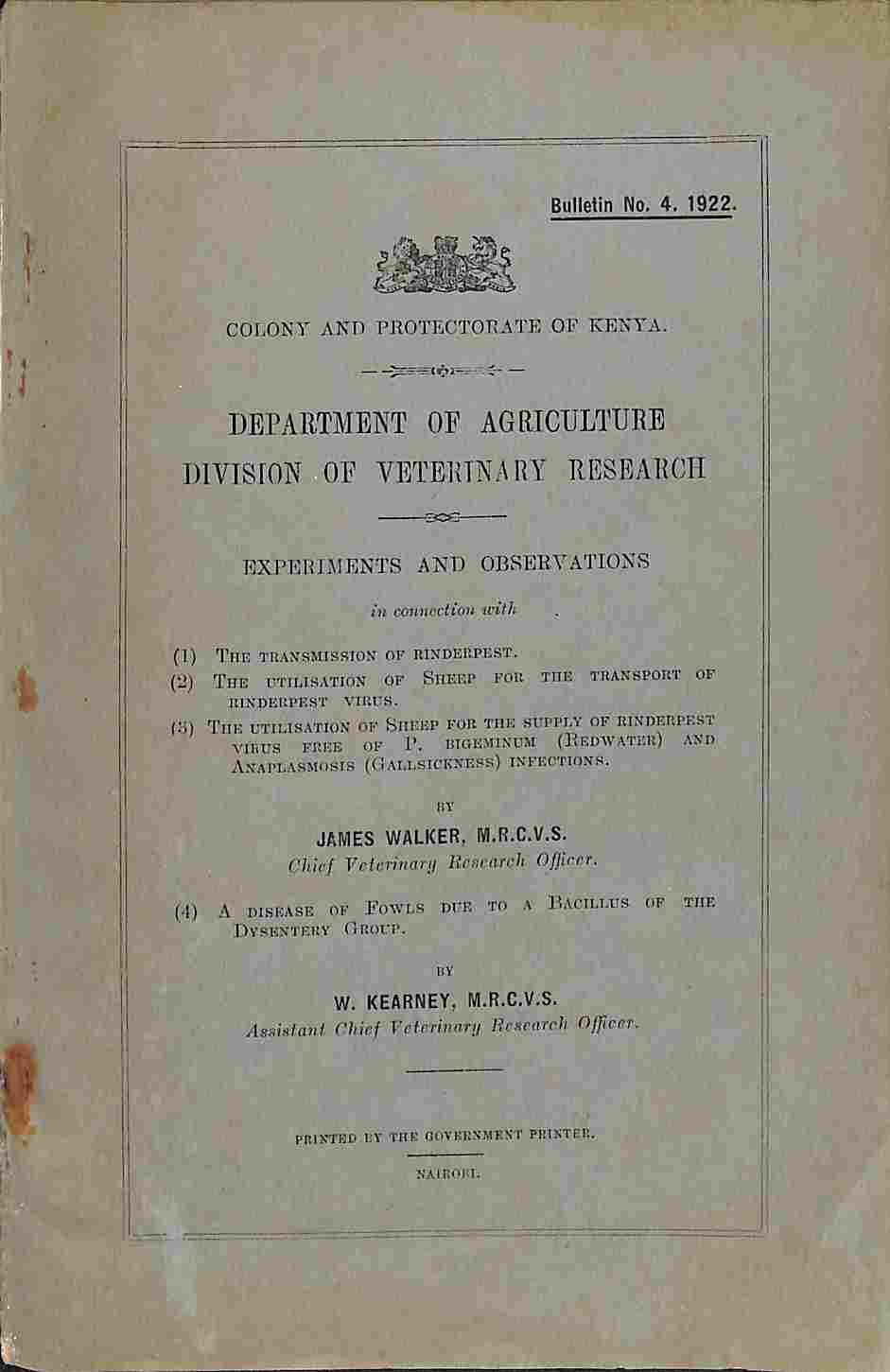 Colony and Protectorate of Kenya. Department of Agriculture. Division of Veterinary Research. The trasmission of rinderpest